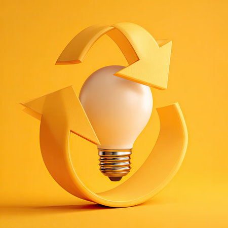 This image showcases a creative representation of energy efficiency with a light bulb and yellow arrows, symbolizing sustainability and innovation in modern design.の素材