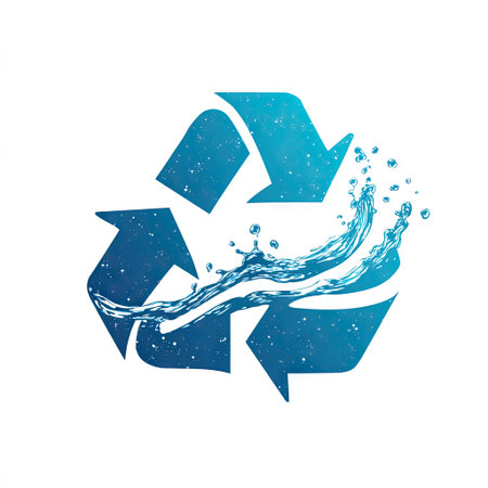 This eye-catching recycling symbol features a dynamic water splash, emphasizing the importance of sustainability and conservation in a vibrant visual format.の素材