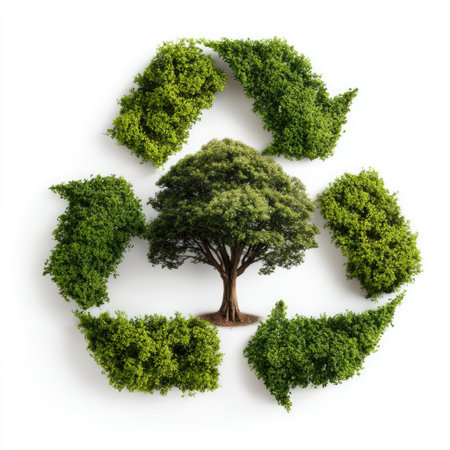 This image features a vibrant tree at the center of a recycling symbol formed by lush leaves, highlighting themes of sustainability, eco-friendliness, and environmental protection.の素材