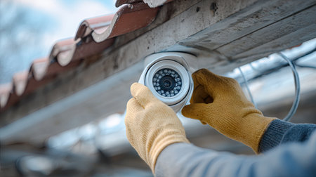 A technician installs a security camera on a roof overhang, wearing protective gloves. The image captures safety and technology in residential surveillance systems.の素材