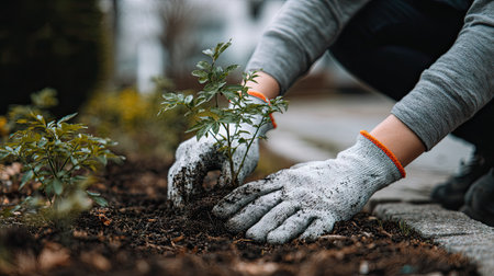A close-up view of hands wearing gardening gloves as they carefully plant a small green seedling into rich soil, emphasizing the beauty of nurturing nature.の素材