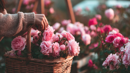 A serene scene of a woman gently holding a wicker basket filled with lush pink roses in a vibrant flower garden, capturing the essence of nature's beauty.の素材