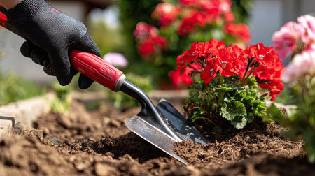 A close-up shot of a gardener's hand using a trowel to plant vibrant red geranium flowers in rich, loose soil in a backyard garden, showcasing the beauty of nature.の素材