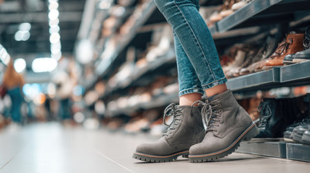 A pair of stylish gray boots showcased in a modern shoe store aisle, with shoppers browsing various footwear options in a vibrant retail environment.の素材