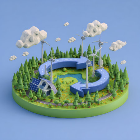 This 3D illustration captures a vibrant green energy concept featuring wind turbines, solar panels, and a circular road, set against a serene landscape.の素材