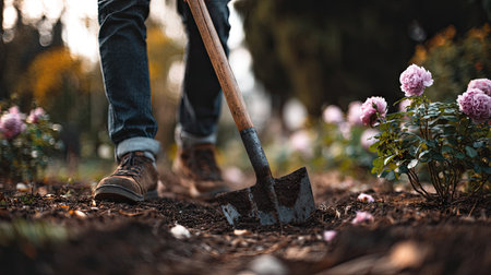A close-up view of a gardener using a shovel to dig in rich soil surrounded by blooming peonies, showcasing the peaceful beauty of gardening and nature.の素材