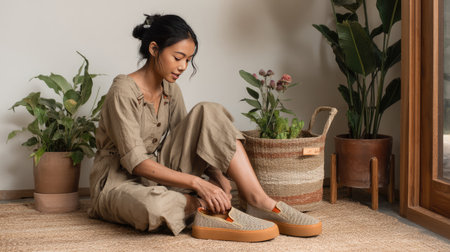 A tranquil setting featuring a young woman dressed in a soft, natural fabric outfit, trying on stylish casual shoes amidst greenery and woven decor.の素材
