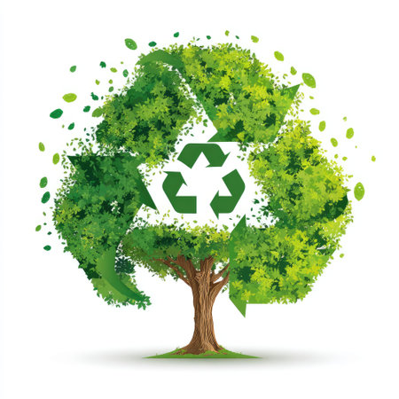 This vibrant illustration features a green tree symbolizing growth and sustainability, integrated with a recycle symbol, highlighting eco-consciousness.の素材
