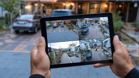 Person engages with technology by holding a tablet showing four security camera feeds of an outdoor area featuring vehicles and houses, ensuring safety.の素材