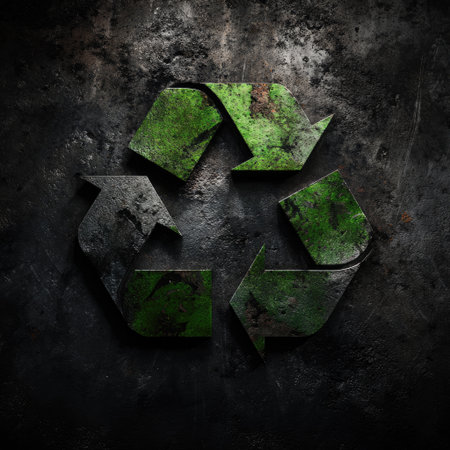 A vivid green recycle symbol stands out against a dark grunge background, emphasizing the importance of environmental sustainability and resource conservation.の素材