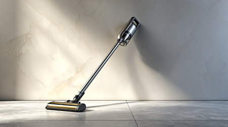 A sleek and modern cordless vacuum cleaner leans against a wall, showcasing its design and functionality. The bright floor reflects natural light, highlighting the practicality of this cleaning tool.の素材