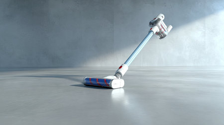 A modern cordless vacuum cleaner stands elegantly in a stylish indoor setting, showcasing sleek design and practicality. Light streams through, highlighting cleanliness.の素材