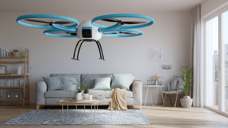 A contemporary living room showcases a flying drone hovering above a stylish sofa. This modern space combines comfort and technology, providing a unique atmosphere for relaxation and creativity.の素材