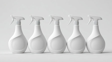 A visually appealing arrangement of five white spray bottles on a light minimalist background, ideal for cleaning solutions and household tasks.の素材