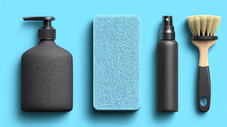 A visually striking composition featuring essential cleaning supplies arranged on a bright blue background, ideal for home maintenance and organization.の素材