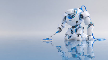 A humanoid robot actively engaged in cleaning a reflective surface, highlighting its advanced features and sleek design in a modern, tech-savvy environment.の素材
