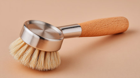 This image features a close-up of a makeup brush with soft bristles and a sleek handle, ideal for beauty and cosmetic-themed projects. The warm beige background enhances the subject's elegance.の素材