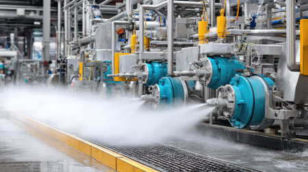 This image showcases a high-tech water spray system in a modern manufacturing environment, emphasizing efficient cleaning and maintenance processes.の素材