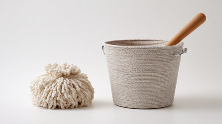 A stylish and functional set featuring a soft mop and a beautifully woven bucket, perfect for promoting a clean and organized home environment.の素材