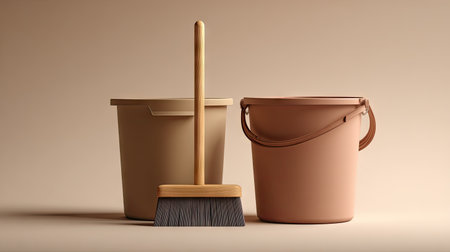 This minimalist image showcases a broom alongside two stylish buckets in soft beige and pink tones, perfect for home organization and cleaning aesthetics.の素材
