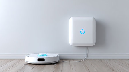 A sleek robotic vacuum rests by a stylish wall-mounted charging station in a modern home interior, representing innovation and convenience in cleaning technology.の素材