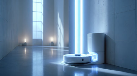 A sleek robotic vacuum cleaner rests near its charging station in a bright, modern interior. The minimalist design and soft lighting create a serene atmosphere, enhancing the innovation in home automation.の素材