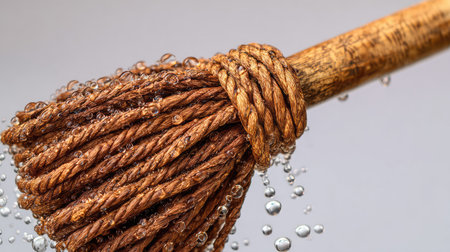 This image features a close-up of a natural fiber cleaning tool, emphasizing its texture and details with water droplets against a soft background.の素材