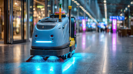 This image features an advanced floor cleaning machine operating in a vibrant shopping mall, highlighting modern technology and efficiency in maintenance.の素材