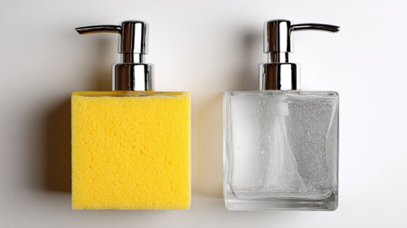 The image features a vibrant yellow sponge alongside a sleek clear soap dispenser, highlighting modern cleaning essentials in a minimalist setting.の素材