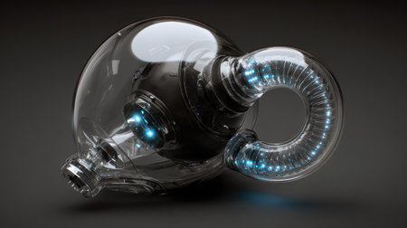 This image showcases a futuristic transparent device with glowing elements and fluid shapes. It highlights innovation and modern design against a dark backdrop.の素材