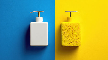 This image features a white soap dispenser and a vibrant yellow sponge set against a split blue and yellow background, emphasizing modern design and cleanliness.の素材
