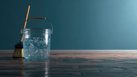 This image features a clear water bucket and a cleaning brush resting on a wooden floor against a stylish teal wall, symbolizing cleanliness and efficiency.の素材