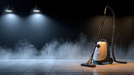 A sleek vacuum cleaner rests on a polished floor, engulfed in soft fog while lights cast dramatic shadows, creating a captivating cleaning atmosphere.の素材