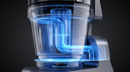 Close-up view of a modern kitchen mixer showcasing a transparent design that highlights its advanced blue tube system and intricate components. Perfect for tech enthusiasts.の素材