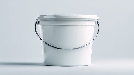 A simple and modern white plastic bucket with a lid and metal handle, ideal for storage and versatile use in home environments and industrial settings.の素材