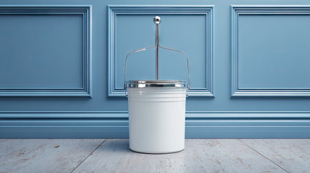 A sleek white paint bucket with a silver handle stands against a soothing blue wall and wood floor, symbolizing simplicity and modernity in home renovation.の素材
