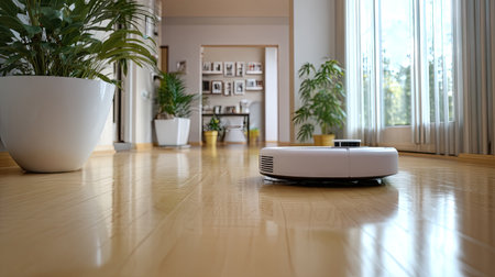 A sleek robotic vacuum cleaner moves across a polished wooden floor in a bright living area filled with greenery, showcasing modern home technology and style.の素材