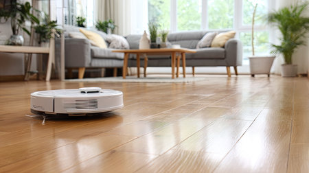 A robotic vacuum cleaner glides over a polished hardwood floor in a modern living room. This smart device showcases innovation in home cleaning and convenience.の素材
