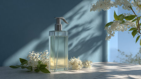 Captivating still-life image featuring a glass bottle of liquid soap next to delicate white flowers on a wooden surface, illuminated by soft natural light.の素材