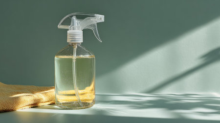 A clear spray bottle containing a cleaning solution rests beside a soft cloth on a sunlit surface, showcasing a minimalist aesthetic perfect for any space.の素材