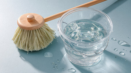 A cleaning brush next to a bowl of water on a serene blue surface, showcasing essential cleaning tools for maintaining a spotless and organized home environment.の素材