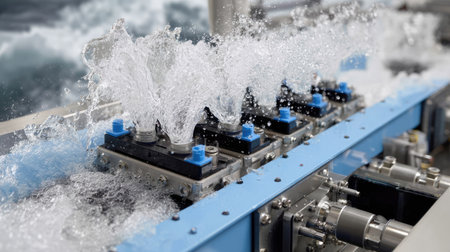 This image captures a high-precision water spray mechanism showcasing dynamic fluid movements in an industrial setting, highlighting advanced engineering techniques.の素材
