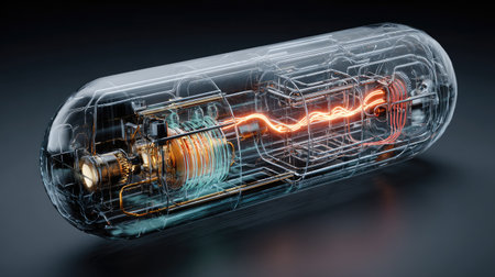 This captivating image showcases a futuristic transparent capsule containing a pulsing energy core, highlighting intricate technology elements and vibrant colors.の素材