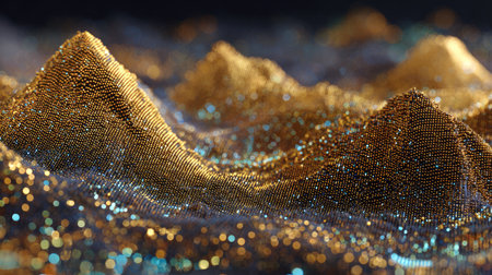 This stunning abstract image features a golden landscape of peaks adorned with shimmering textures and light reflections, evoking elegance and creativity.の素材