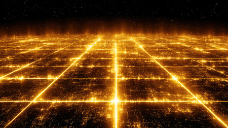 This stunning abstract image features a digital landscape filled with golden grids and sparkling lights. Set against a cosmic backdrop, it showcases a vibrant interplay of technology and art, perfect for various creative projects.の素材