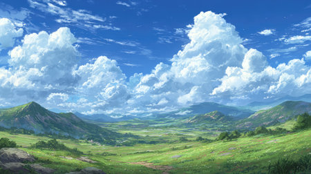 This image showcases an expansive landscape featuring lush green hills under a bright and dynamic cloudy sky, perfect for evoking peaceful outdoor feelings.の素材