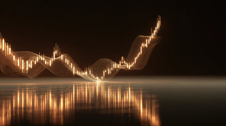 This image showcases an abstract representation of financial market trends with glowing lines that illustrate growth and fluctuation. The reflective surface adds depth.の素材