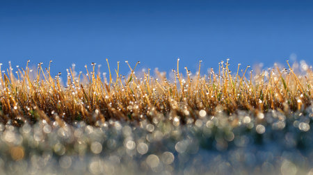 This captivating image showcases dew drops resting on delicate grass blades, set against a soft blue backdrop. The scene embodies tranquility and the beauty of nature at dawn.の素材