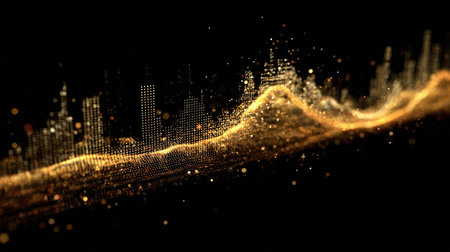 This stunning abstract image showcases golden wave patterns symbolizing digital data visualization. A futuristic design with intricate details and glowing elements creates a captivating visual experience, perfect for technology-related themes and creative projects.の素材