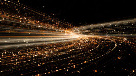 This mesmerizing abstract image features elegant light trails radiating from a central point, evoking a vibrant cosmic atmosphere, ideal for digital designs.の素材